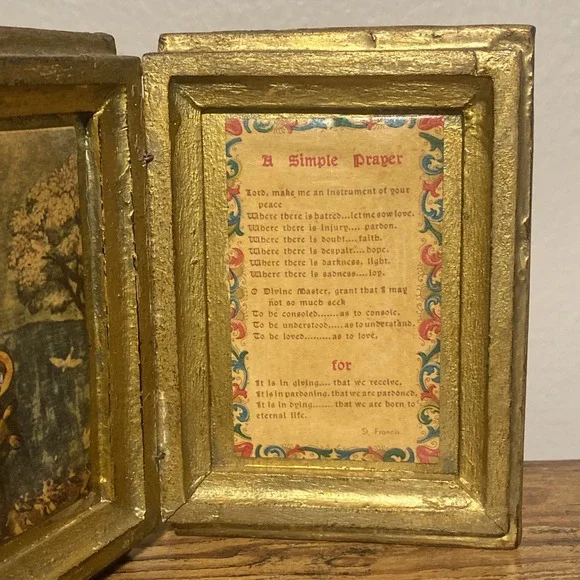 Antique Gold Gilt Florentine Wood Diptych Saint Francis Assisi A SIMPLE PRAYER - Picture 3 of 15